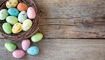 Vibrant Easter Egg Nest on Rustic Wooden Background. Perfect for Spring Decor Inspiration, Easter Celebrations, DIY Craft Ideas, Nature Themes, and Social Media Content Examples