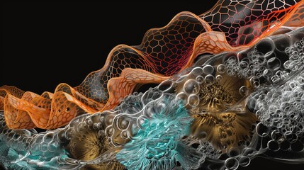 Vibrant 3D enzyme and protein interaction, glowing molecules, digital space