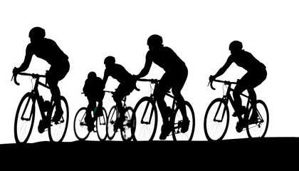 Obraz premium Athlete cyclists in silhouettes on white background. Isolated on black, dramatic atmosphere. isolated with white highlights