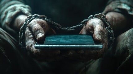 Hands chained, holding a smartphone in a dark and surreal environment conveying a sense of confinement and isolation