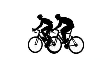Fototapeta premium Athlete cyclists in silhouettes on white background. Isolated on black, glowing neon. isolated with white highlights