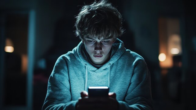 Teenager engaged with smartphone in a dimly lit room reflecting solitude and focus during nighttime