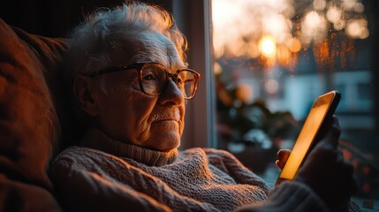 Obraz premium Elderly person sitting alone in cozy chair while using smartphone during sunset in a warm living room