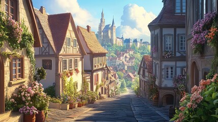 Fairy Tale Town.Europe town street. Fiction Backdrop. Concept Art. Realistic Illustration. Video Game Digital CG Artwork. Industry Scenery.Concept Art Scenery. Book Illustration