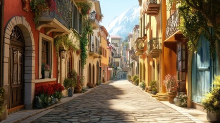 Fototapeta premium Fairy Tale Town.Europe town street. Fiction Backdrop. Concept Art. Realistic Illustration. Video Game Digital CG Artwork. Industry Scenery.Concept Art Scenery. Book Illustration