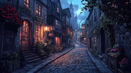 Fototapeta premium Fairy Tale Town.Europe town street. Fiction Backdrop. Concept Art. Realistic Illustration. Video Game Digital CG Artwork. Industry Scenery.Concept Art Scenery. Book Illustration
