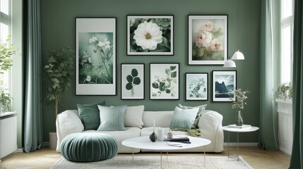 Gallery wall displays framed botanical and abstract art in a stylish living room with green tones and cozy furnishings