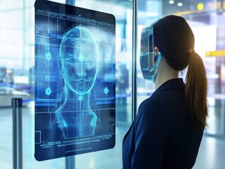 Woman using futuristic facial recognition technology. A digital overlay scans her features.