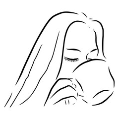 Vector illustration of line drawing of a woman drinking tea or coffee. Outline sketch of a girl sipping cup with her hand on a white background.