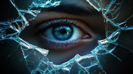 Reflection of a human eye seen through a cracked mirror showcasing intricate details and vibrant colors