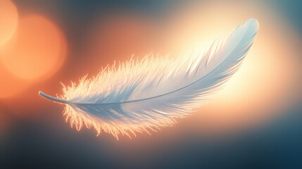 Single white feather softly illuminated against a warm background with gentle light reflections