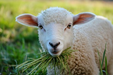 Obraz premium Fluffy white lamb eating grass outdoors.