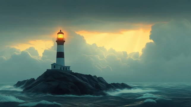 Beacon of peace illuminates rocky shore under dramatic sky at sunset