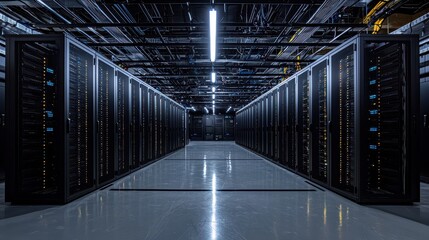Dark minimalist server room featuring aligned black server racks and bright overhead lighting