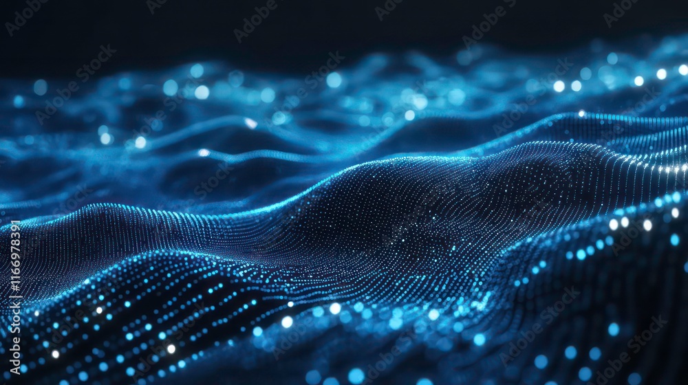 Poster blue binary code background with glowing lights and data flowing, technology concept