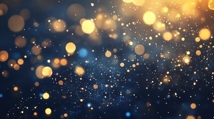 Fototapeta premium Festive celebration holiday christmas, new year, new year's eve banner template illustration - Abstract gold bokeh lights on dark blue background texture, de-focused