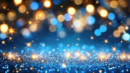 Fototapeta premium Festive starry sky background with blue light bokeh. New year and Christmas concept