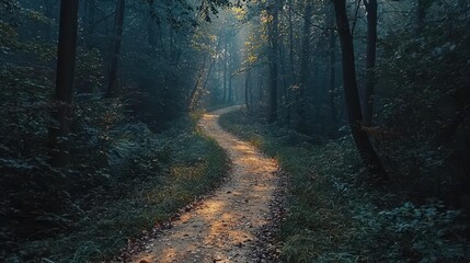 Obraz premium Winding path through a tranquil forest creates a serene escape into nature's beauty
