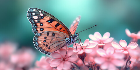Naklejka premium A beautifully detailed close-up of a butterfly perched on pink flowers with a soft, blurred background.