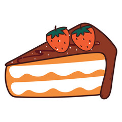 cute hand drawing cartoon chocolate cake with strawberry on it. cute dessert cartoon sticker