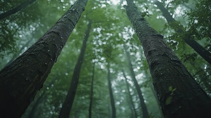 Fototapeta premium Low-angle view of tall trees in a misty forest during rainfall.