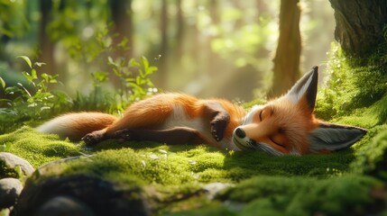Obraz premium Peaceful Fox Napping on Lush Green Moss in a Serene Forest Setting