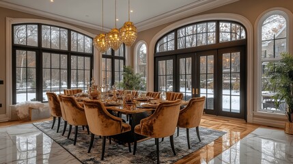 Elegant formal dining room with oversized windows high-fidelity goldton snowy outdoor view luxurious ambiance contemporary style
