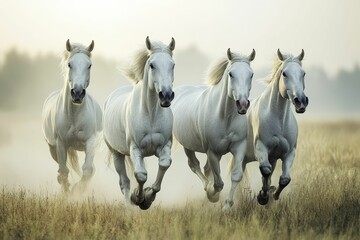 Obraz premium Four white horses run across grassy field.