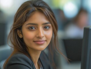 Fototapeta premium Confident young Asian businesswoman at her workplace with computer monitors in the background, showing a modern office environment. Ideal for technology, workplace diversity and corporate visuals.