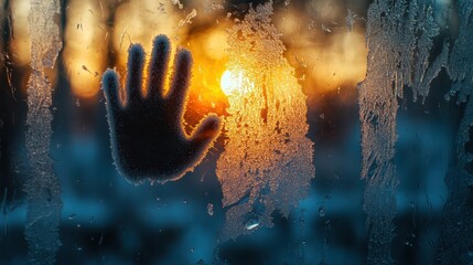 Cold winter window with frost patterns framing a lone hand against a glowing sunset in the background