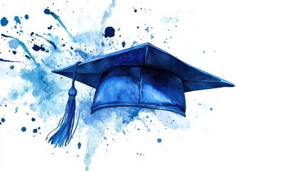 Blue graduation cap on a white background with watercolor splashes