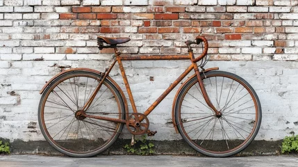 Fototapete Rund Rusty bicycle resting against an old brick wall highlighting urban decay and forgotten beauty © Blackmint Studio