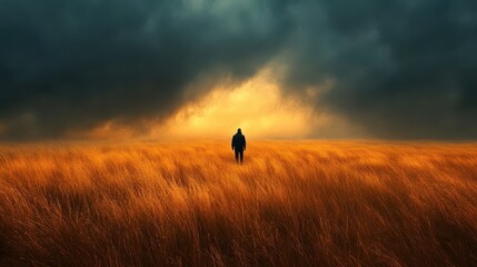 Fototapeta premium Solitary figure walking through a golden field under dramatic stormy skies at dusk