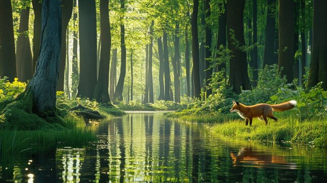 Majestic Fox Walking Along Serene Forest Stream in Bright Green Woods
