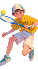 Obraz premium A young boy in a yellow shirt playing tennis, poised to hit a ball with a racket.