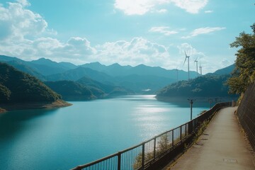 Obraz premium photograph of Wind power generation, wind turbines on top mountain against sky with sun and clouds. ultra realistic . for the banner at right side add text in black color. background landscape 