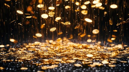Fountain of gold coins raining on black background.