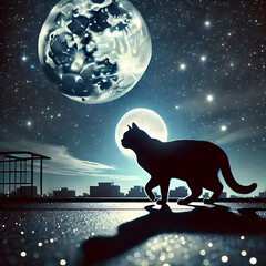 A silhouette of a cat walking on a rooftop, with two large moons and a starry sky in the background, creating a surreal nighttime scene.

