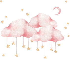 Composition of vector watercolor pink clouds and stars.