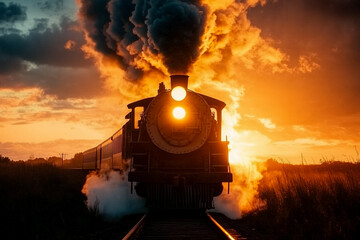 Old vintage steam train with lots of smoke at sunset