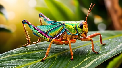 Brightly Lit Grasshopper Resting on Lush Foliage
