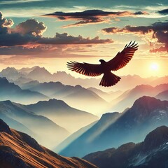 A bird soaring above mountains Shows the triumph of freedom over