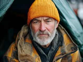 Man with orange beanie and rugged jacket sits in tent