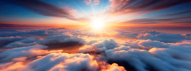 Obraz premium fly above clouds sunset sun ray 3d illustration render. 