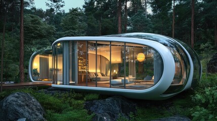 Obraz premium Futuristic glass structured architecture house in nature. The home has modern interior design and looks beautiful.