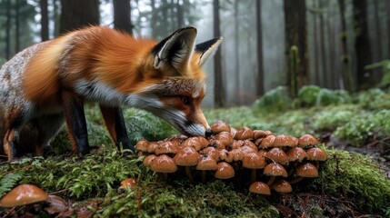 Obraz premium Curious Fox Sniffing Mushrooms in Misty Forest Environment
