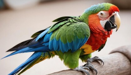 Fototapeta premium Vibrant Green-winged Macaw Perched on Wooden Branch