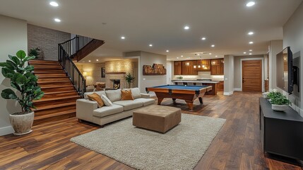 Transforming a bright basement into a spacious game room with modern design cozy atmosphere and functional layout