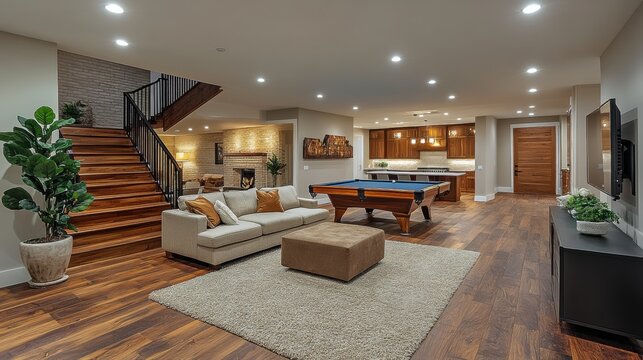 Transforming a bright basement into a spacious game room with modern design cozy atmosphere and functional layout