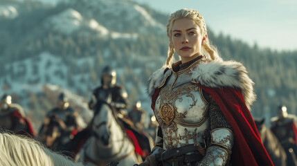 Fototapeta premium A warrior woman in medieval armor on a battlefield with a mountainous background